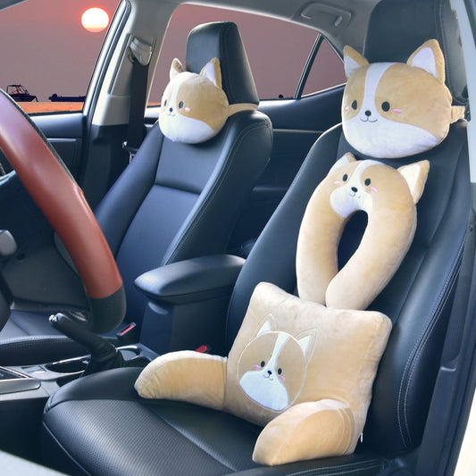 Corgi & Shiba Inu Cartoon Car Pillow Set – Headrest, Neck & Lumbar Support