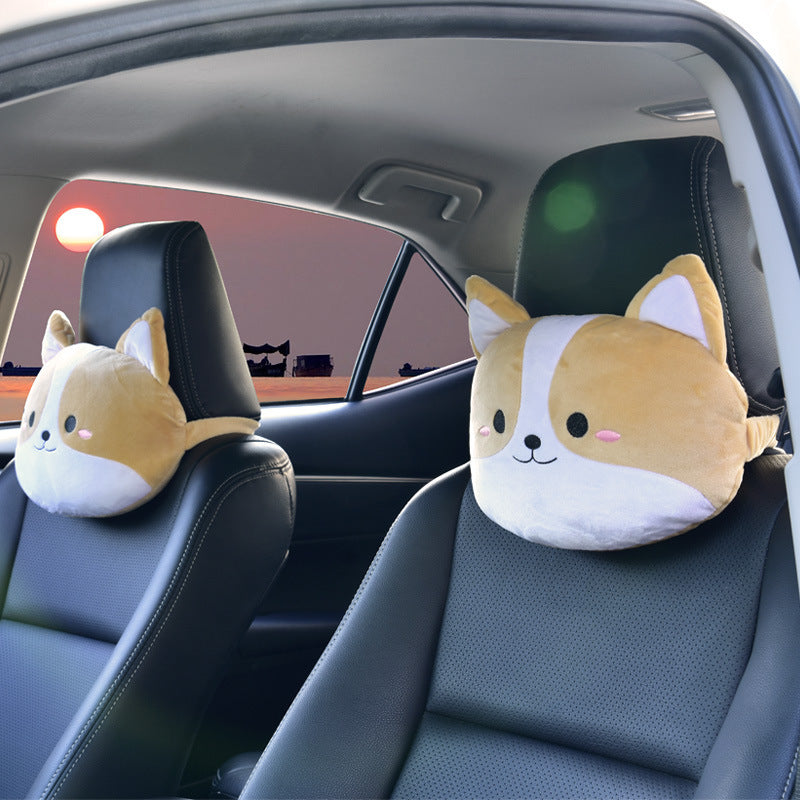 Corgi & Shiba Inu Cartoon Car Pillow Set – Headrest, Neck & Lumbar Support